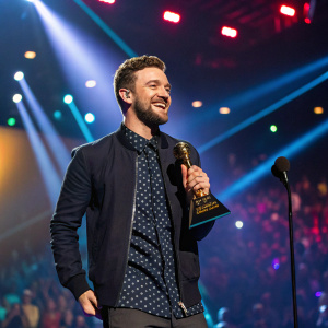 Justin Timberlake grinning widely while accepting award. Bright lights and colorful audience backdrop.