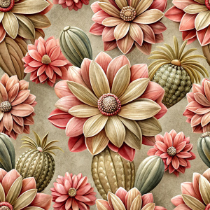 Pattern Seamless, Vector, Vintage Old Soft Colors, Shade Pink, Abstract Hand-Draw, Cactus Flowers. White background