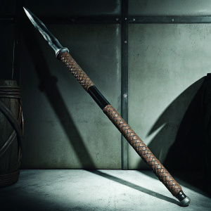 Digital art piece showcasing Oberyn Martell's spear. The spear features a sleek, elongated blade with intricate patterns. The handle is wrapped in a snake motif, coiled around the wooden grip. Set against a minimalistic gray backdrop, the spear casts a sharp shadow.