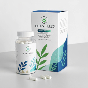 Glory Feel's Colon Detox supplement in a sleek, white box with blue and green highlights. Front of box features capsule bottle, detailed health benefits, and key ingredients list. Packaging emphasizes digestive health, bloating relief, and fast-acting formula.