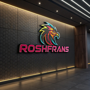 A high-tech render of the Roshfrans logo. Abstract creature in vibrant hues, sleek and modern style. The logo 'Roshfrans' in bold, dynamic font. The textured wall background adds depth.