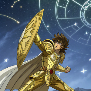 Aioria de Leo, Saint Seiya character, in intense battle stance, determined expression. Astral background with constellations