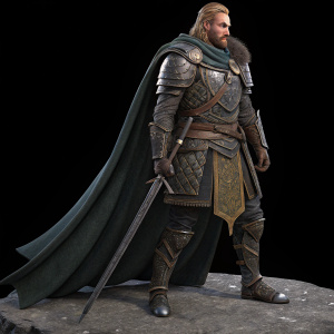 Vadim from Siege Of Heroes, fantasy character. Standing in battle-ready pose. Detailed 3D model, dark cape, intricate armor. Black background