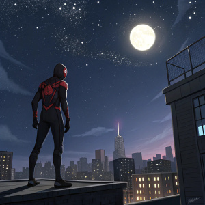 Digital illustration of Miles Morales, standing on a city rooftop. Nighttime scene, with stars and moon visible