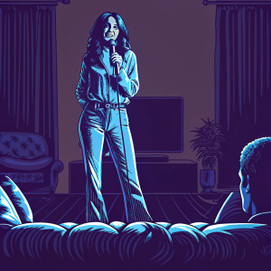 Camila Cabello, standing solo in a cozy living room. Casual outfit, relaxed pose. No background logos or stage equipment.
