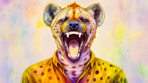 excited hyena with human head