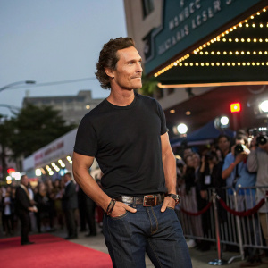 Matthew McConaughey, standing at an indie film festival. He's in a casual yet stylish outfit, black t-shirt, and jeans. Crowd in background.
