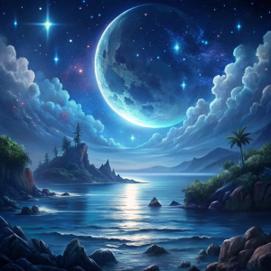 moon, night fabulous bright starry sky over the sea, dark fantasy