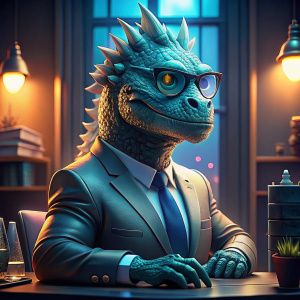 Godzilla works in office with glasses und anzug