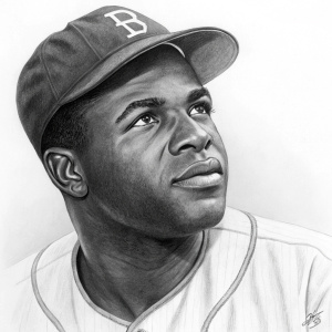 Realistic portrait sketch of Jackie Robinson, iconic baseball player. Black and white artwork highlighting facial features