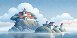 White illustration, Rene magritte style, isolated surrealistic collage of a lot of old Chinese houses and trees on island, huge ocean and big sky, light pastel colors, asymmetrical composition, zoom out view, grainy texturing paper