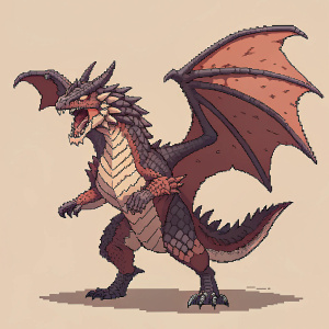 Pixel art of Rathalos, Monster Hunter series. Vigorous stance, fierce face, detailed pixelated anatomy. Blocky shapes, earthy colors: brown, gray, dark tones. Limited palette.
