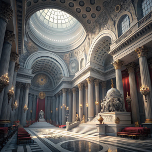 Digital 3D artwork showcasing the grand throne room from the Belgariad series. Featuring a majestic, classically styled space with a towering dome ceiling, imposing columns, intricate statues, and an elegant color palette of grey and white.