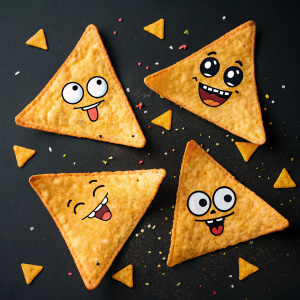 A playful illustration featuring Doritos-style chips with exaggerated cartoon faces. Set against a dark background, the chips have a golden hue and are adorned with simple, manga-style eyes and mouths. Likely promotional material for Doritos.