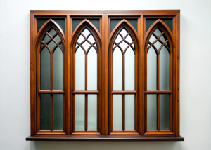 wall hight gothic hight four window glass ,wood wall design - perfect realistic art,wood - high-definition - brown and black wood wall- white background 