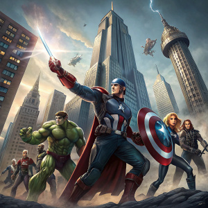 The Avengers assemble for a promotional poster. Stark Tower in background, Captain America leading the group with dynamic poses.