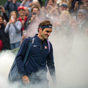 Roger Federer, tennis player, emerges from the fog at Wimbledon. Dark blue jacket, Nike headband. Crowd cheering loudly