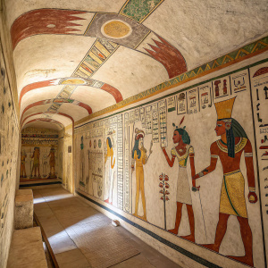 Ancient Egyptian mural inside the tomb of Pa Nentwy, showcasing figures of deities and humans in earth tones. Some are depicted holding items, others are bare. The artwork has a simplistic and flat appearance.