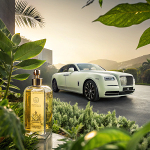 Luxury car brand Mansory's new ad campaign. Features sleek car, bottle of liquid, and greenery in the foreground. Vibrant and high-end aesthetic