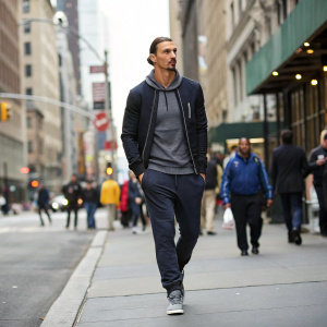 Zlatan Ibrahimovic, in casual streetwear, walking down a bustling urban street.