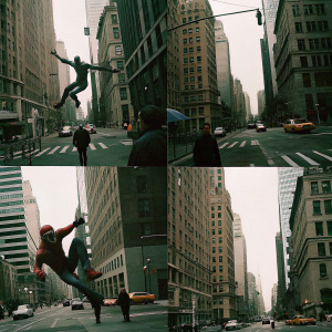 Comic strip showcasing Spider-Man in dynamic poses. Various panels illustrate dramatic scenes, set in bustling city backdrop.