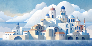White illustration, Rafał Olbiński style, isolated surrealistic collage of a lot of historical italian houses and briges on seaside, huge ocean and sky, white, light pastel colors, zoom out view, grainy texturing paper