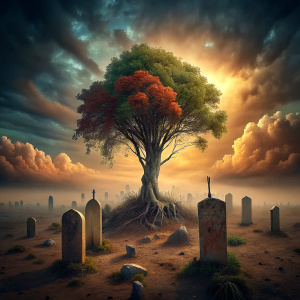 image of a grave with a tree emerging from the soil depicting life