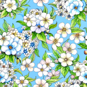 tileable floral pattern, small white flowers, high detailed, pale blue background, masterpiece