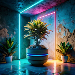 plant under neon light, super realistic, unreal engine, night time, purple theme , plant in a pot, wall behind