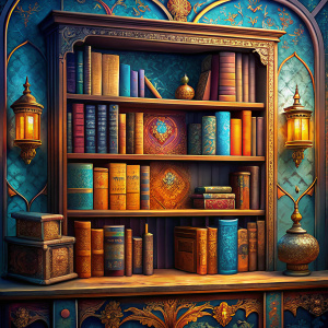 старинная книжная полка висит на стене, на полке стоит старинная книга в кожаном переплете