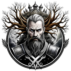 Wikinger mit zwei Gesichtern baum yggdrasil – and weapons high-definition design grey and black, realistic tattoo design, white background