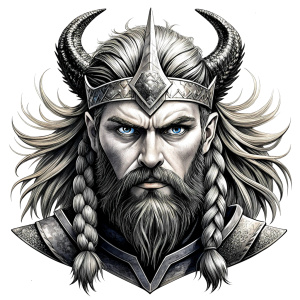 Wikinger mit zwei Gesichtern with yggdrasil – and weapons high-definition design, valhalla, grey and black, realistic tattoo design, white background