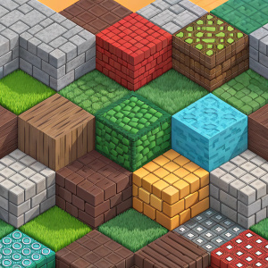A vibrant Minecraft-inspired pixel art texture pack featuring a variety of block shapes and sizes. The palette includes shades of gray, brown, red, green, and blue, creating a lively and detailed mosaic.