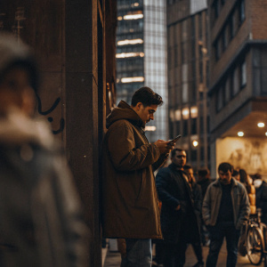Justin Bieber, in a busy downtown area, intensely focused on his smartphone. Crowds of people pass by. A modern skyscraper and graffiti-covered walls serve as the backdrop.
