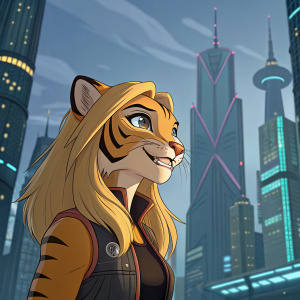 An animated anthropomorphic tiger character with long blonde hair and a confident expression. She stands in a futuristic cityscape.