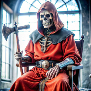 Middle Ages. The seated skeleton of an executioner in decayed clothes. Ax in hand

