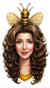 Caricatura de la abeja reina con cara de mujer con pelo castaño ondulado y no muy guapa