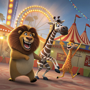Madagascar 3: Europe's Most Wanted cast including Alex the Lion, Marty the Zebra, Melman the Giraffe and Gloria the Hippo, in energetic poses. Set against a vibrant, colorful carnival backdrop.