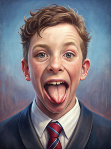 schoolboy head, no teeth, shows long tongue