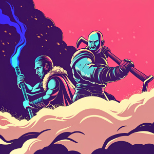 Promotional image for God of War Ragnarök. Snowy landscape with characters Kratos and Atreus in dynamic poses. Dark and stormy background with hints of purple