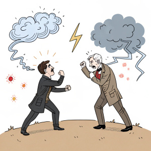 Cartoon illustration of Thomas Edison and Nikola Tesla. Competing in a humorous depiction, electric clouds surround them, stark background.