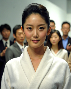 1girl, 20-year-old Korean actress Clara Lee Sung-min, with bun hair style, wearing a full white bathrobe, gallery show: 1.2, collarbone, looking at the audience, ((turbulent)), ((perfect body proportions)), ( Panorama: 1.3), beautiful and mature, wide-angle lens, grin, deep shadows, Emily Soto, <lora:DetailedEyes_xl_V2:1>, <lora:neg4all_bdsqlsz_xl_V7:1>, (super delicate oval face)), ((beautiful eyes with long eyelashes ,((real image quality)),((Leica RAW photo)),64k,((fidelity:1.2)), ((real fair