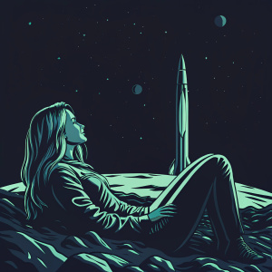 Illustration: An alien girl with long blonde hair relaxing on a red planet surface. Rocket ship in background. Stars and planets dot the sky