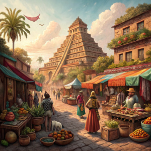A bustling ancient Aztec marketplace, teeming with life. The towering Pyramid of the Sun looms over small adobe houses and bustling stalls.