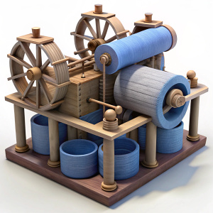 3D Render of a Textile Mill with Spinning Machines, on isolated white background.