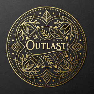 Modern, sleek logo featuring the word 'Outlast' in vintage script, surrounded by intricate gold and black patterns and leaves.