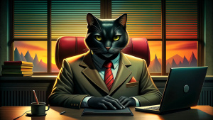 Black mafia cat with a laptop in the spy office