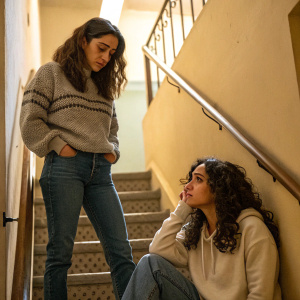 Sandy Valles and Veronica Falcon in a candid moment. Sandy stands on a staircase, wearing a casual sweater and jeans. Veronica sits below, looking somber. Warm lighting