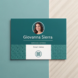 Professional business card design featuring Giovanna Sierra. Teal background, minimalist layout, includes name, logo, services offered, email address, QR code for website.