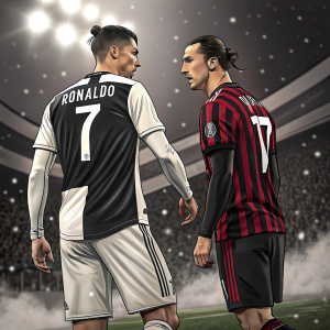 Cristiano Ronaldo and Zlatan Ibrahimovic face off during a soccer match. Ronaldo in black and white jersey with 'RONALDO 7', Ibrahimovic in red and black with 'IBRA 21'. Crowd and stadium lights blur in the background.